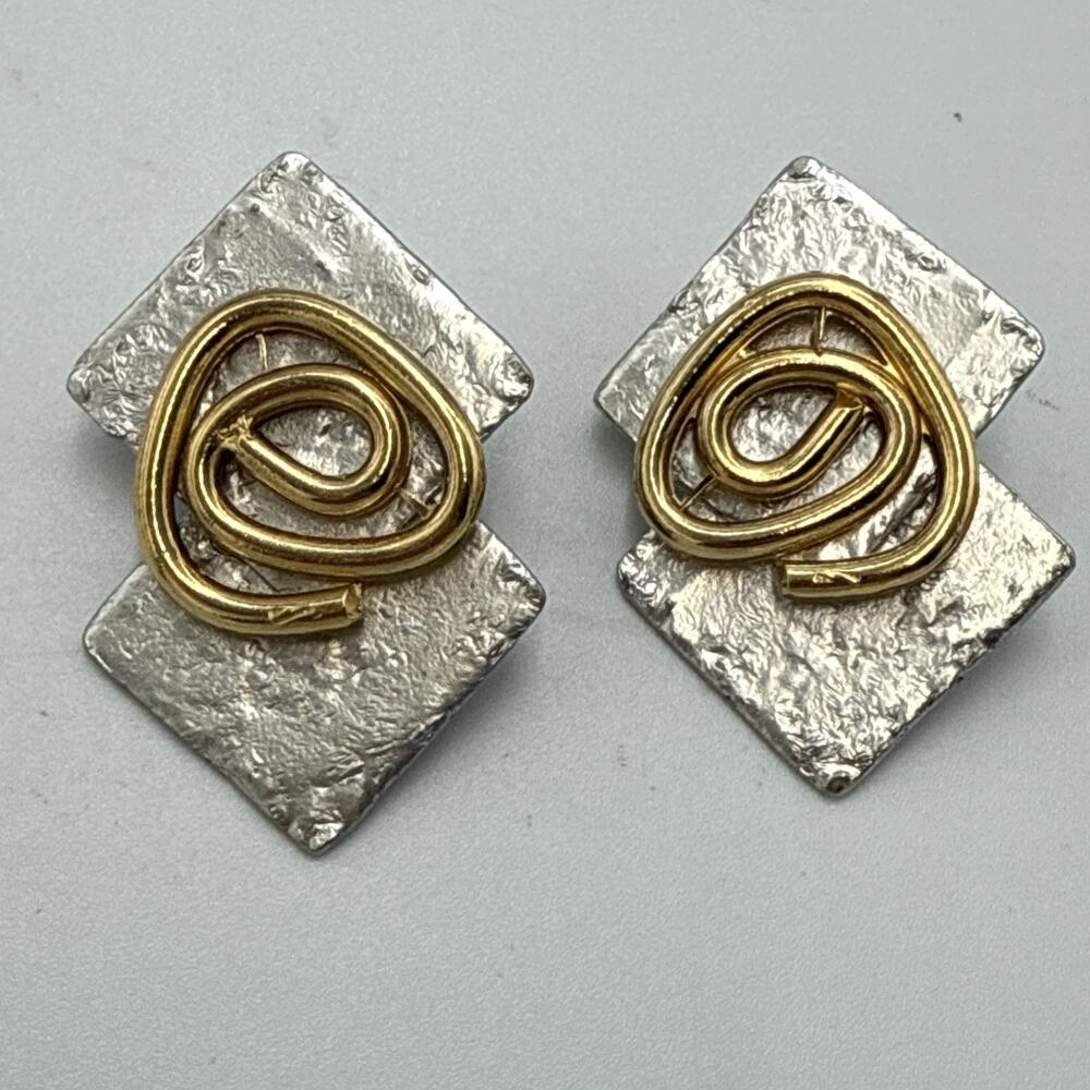 Vtg J. Jansen Brutalist Metal Swirl Earrings Gold Silver Tone Pierced Signed